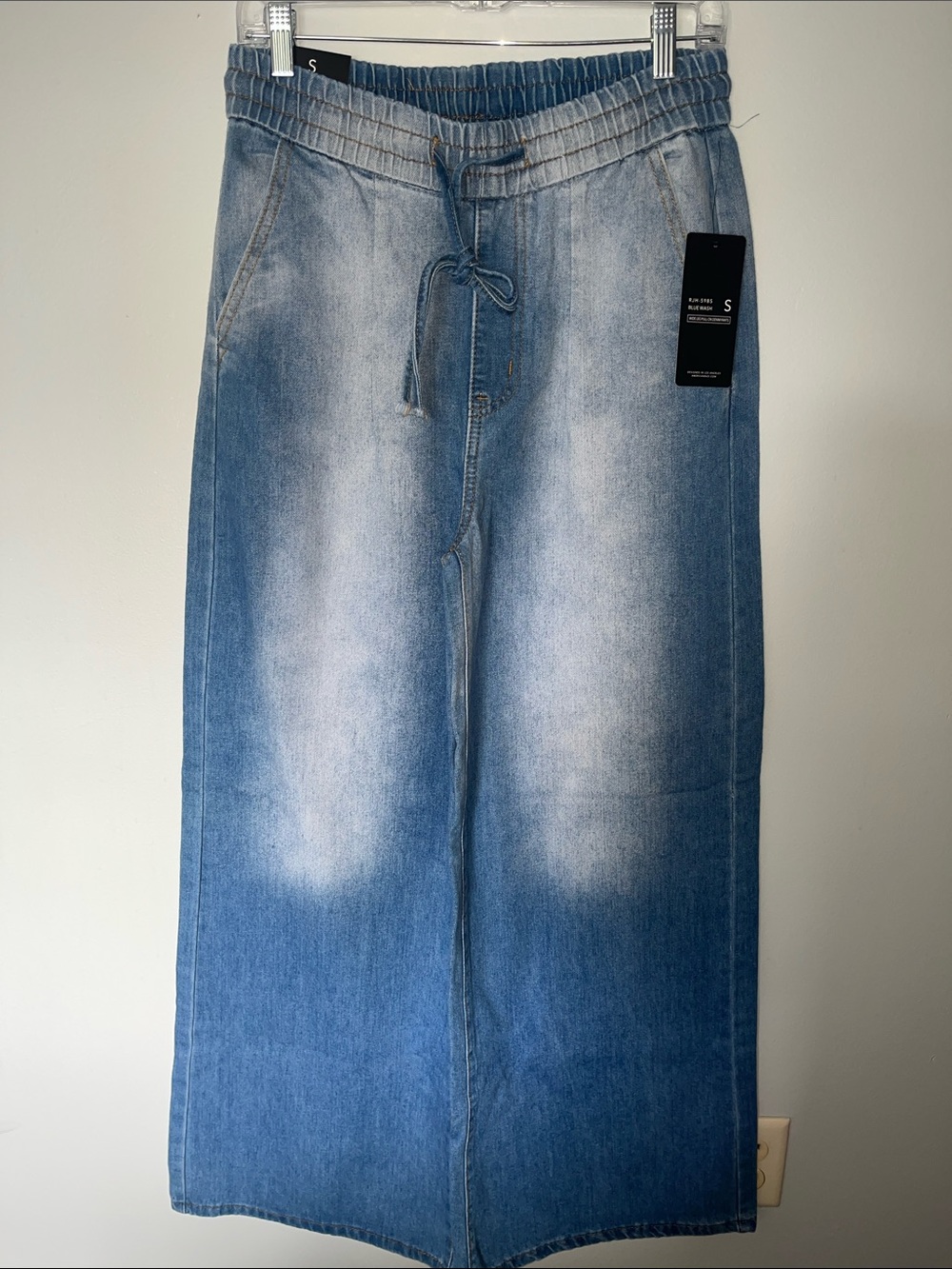 American Bazi Faded Blue Wide Leg Drawstring Jeans